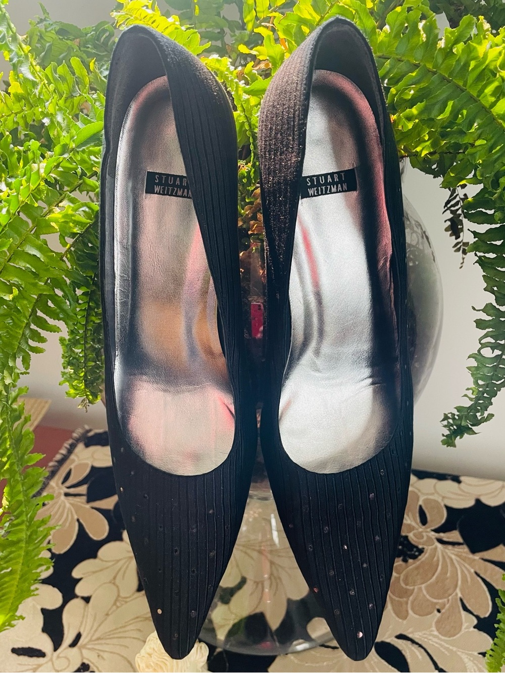Stuart Weitzman Black Pointed Toe Embellished Kitten Heels